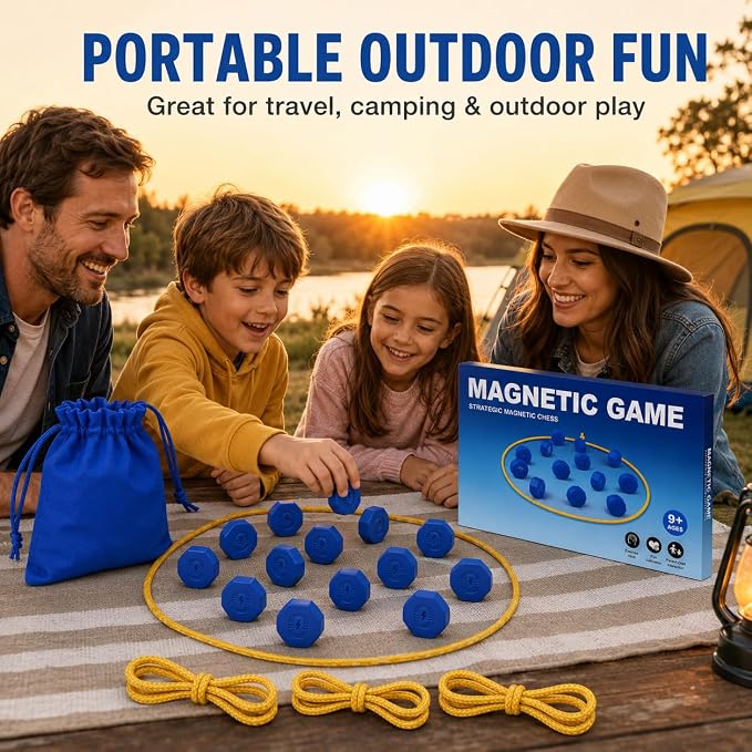 Magnetic Strategy Game with 24 Full-Size Stones, 3 Ropes & Bag | Portable strategy game for kids, teens and adults, perfect for family nights, parties, travel, camping and outdoor play