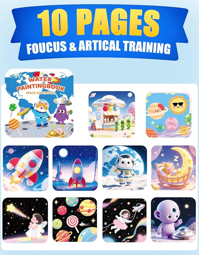 K'ONLE Reusable Water Painting Books, 10 Pages Space Coloring Books | Mess Free Coloring Book for Toddlers 1-3, Travel Gift for Boys & Girls, Educational Art Activity, Montessori Art