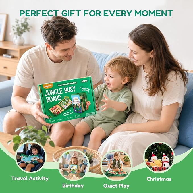 JoyCat Jungle Busy Board for Toddlers 2-4, 25 in 1 Busy Book | support fine motor practice, counting, matching, problem solving, pretend play, and screen-free fun at home or on the go