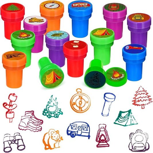 Cinrobiye 24 Pcs Camper Stampers Party Favor Set, Cute Camping Adventure Stamps for Kids Birthday Party, Classroom Rewards, Goody Bag Fillers, Outdoor Camping Themed Party Supplies