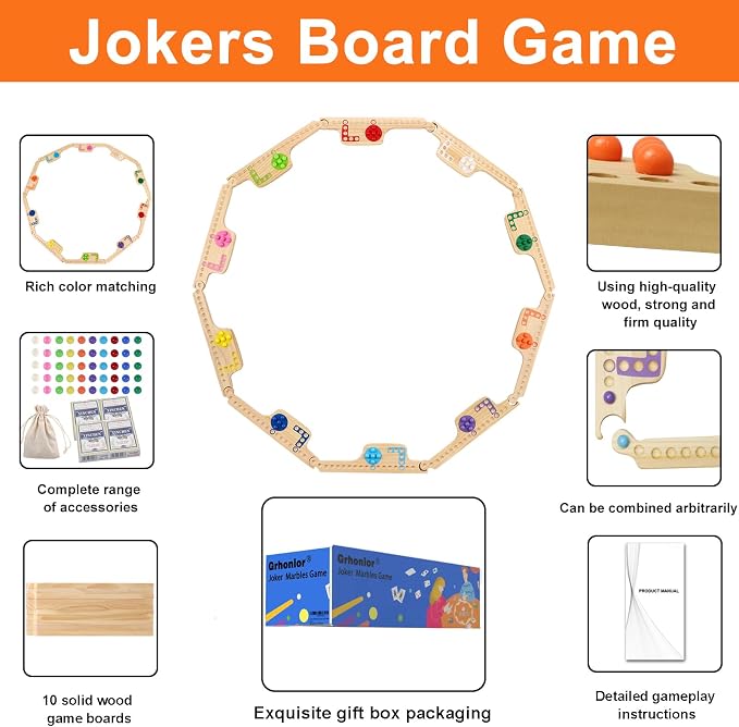 Jokers and Marbles Board Game Wooden Pegs and Jokers 2-10 Players | 10 Wood Game Boards 10 Colors 50 Marbles 4 Decks of Cards Instructions Family Tabletop Game Gift for Adults and Families