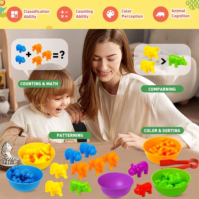 Counting Animals Color Sorting Stacking Matching Games with Rainbow Bowls Montessori Preschool Educational Learning Activities Fine Motor Skills Toys Easter Gift for Kids Ages 3+