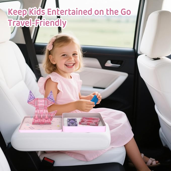 burgkidz Sparkling Glitter Magnetic Tiles: Castle Gift for Girls 3-8 | 42pcs pink-purple glitter, gift-ready tin, BPA-free, ASTM safe, strong magnets, 120min quiet, castle toy for girls 3-8
