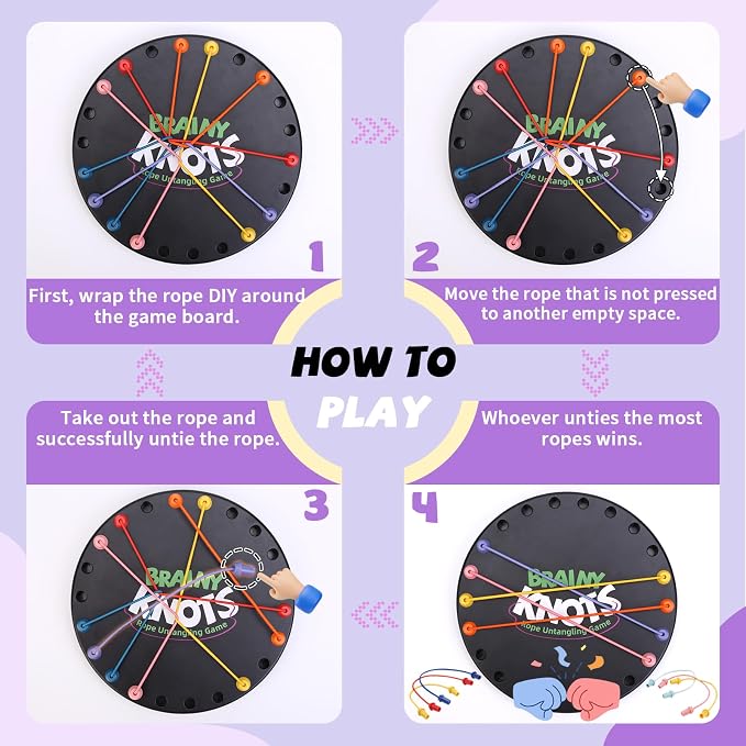 Brainy Knots Rope Untangling Game, 3 Level Logic Puzzle for Kids & Adults | 3 Level Rope Puzzle for Logic, STEM Learning, Screen Free Family Play, Travel, Classrooms & Gifts; Storage Bag Included