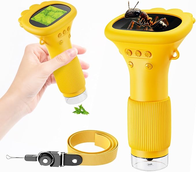 1000X Kids Microscope Handheld Camera, 2'' Screen Wonder Quest Microscope Camera for Kids, Educational Magnifying Glass Toy, Christmas Birthday Gifts for Age 3 4 5 6 7 8 9 10 11 12 Girls Boys - Yellow