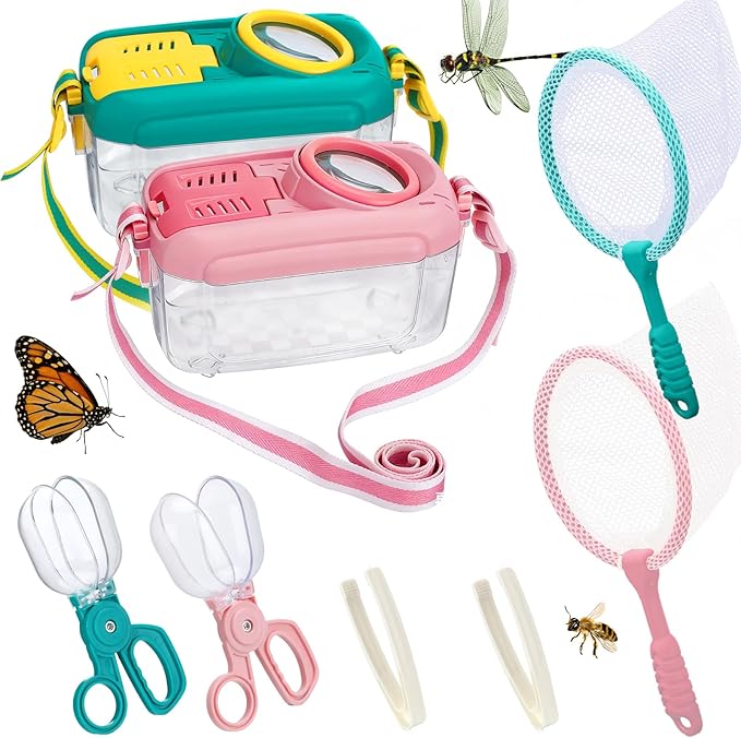 2 Sets Bug Catcher for Kids, Bug Catching Kit Gifts with Butterfly Net Toys | Built-in Magnifying Glass Bugs Box, Kids Camping Toys Bugs Collection Outdoor Explorer Kit for Age 3 4 5 6 7 8, Pink & Blue