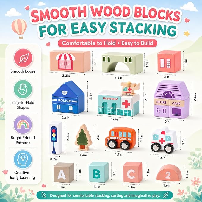 Migargle Wooden Building Blocks Set, 115 Pcs City Construction Stacker Stacking Preschool Learning Educational Toys, Toddler Toys for 3+ Year Old Boy and Girl Gifts
