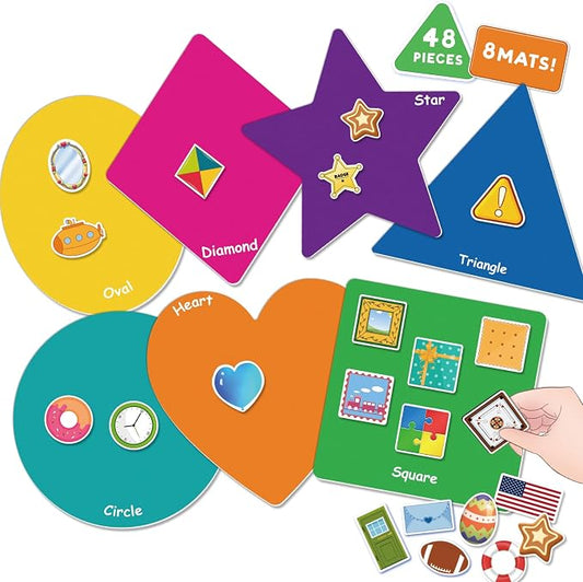 EAMAY Shape Sorter Toy for Toddler, Shape Puzzles and Matching Games Set with 8 Sorting Mats and 48 Everyday Objects Pieces - Learning Sorting Toys for Kids