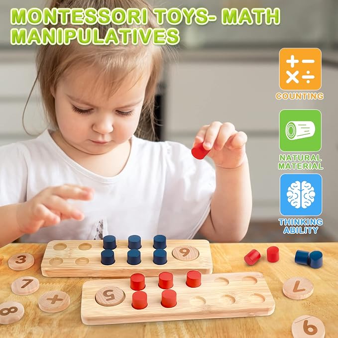DINORUN Montessori Toys for 3 4 5 Year Old Boy Girl Birthday Gifts - Counting Peg Board for Kids 3-5-7 - Wooden Learning Math and Numbers Manipulatives Materials for Preschool Teacher Classroom