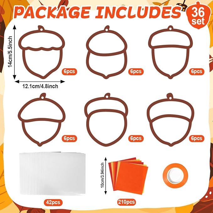 Qyeahkj 36 Set Fall Acorn Suncatchers Crafts for Kids DIY Autumn Window Tissue Paper Craft Kit Hanging Decor for Thinkgiving School Home Activity Art Project Birthday Party Favor Gift
