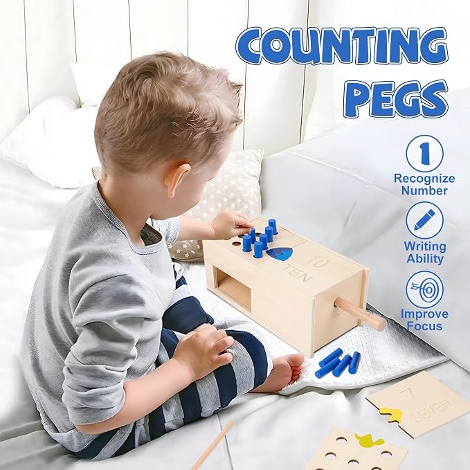 Montessori Toddler Counting Peg Board Box with Number- Wooden Counting Box Toys for Toddlers 1-3,Math Manipulatives Materials and Numbers,Montessori Toys for 3 Year Old,Large Size 10.8" X 4.9 "X 3.9"