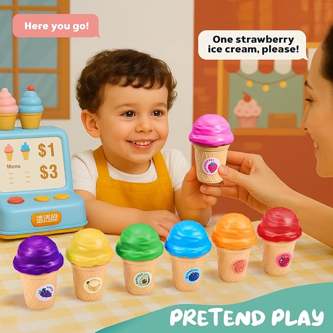 JoyCat Ice Cream Toy Set for Toddlers 1-5,Color Sorting & Stacking Toys | Match colors, stack scoops and serve pretend ice cream; included 7 cones and scoops support counting and little-hand play