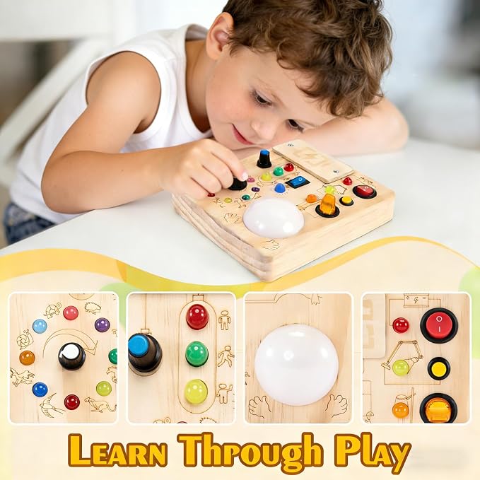 Toddler Busy Board ,Montessori Toy with Tap Light ,6.9"x5.9" Wooden Busy Board with LED Traffic Light for Kids , Travel Sensory Toys for 1+ Year Old baby Christmas/Birthday Gift(Battery Not Included)