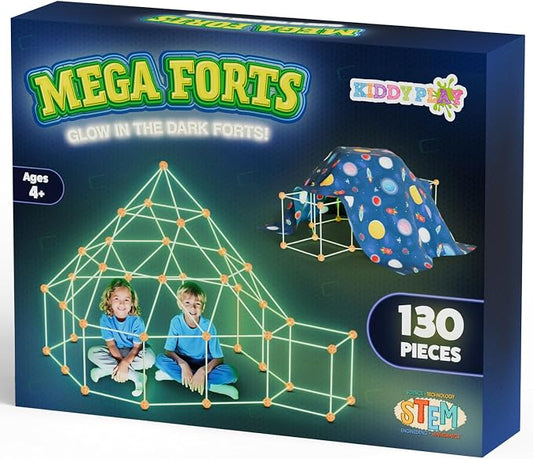 KiddyPlay Mega Forts - 130 Piece Fort Building Kit for Kids | Glow in the Dark DIY Fort Making Kit - Build a Fort Building Kit - STEM Building Toys For Kids
