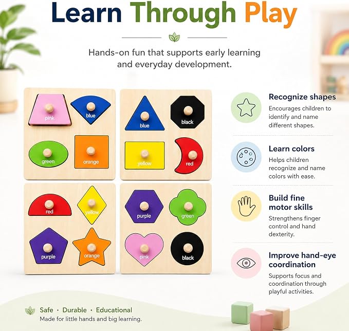 Wooden Shape Color Sorting Puzzle Toys for Toddlers, 4 Pack Montessori Peg Puzzles for Ages 2-4, Preschool Learning Toys for Shape Recognition, Fine Motor Skills, Gifts for Kids Boys Girls 1 2 3 4