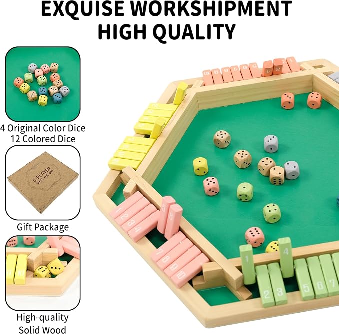 WOOD CITY Shut The Box Game Wooden for 6 Players, Close The Box Math Game for Kids Adults with 16 Dice, 6 Way Tabletop Quick Board Game for Family 3+ Years Old in Party or Pub，Morandi Color