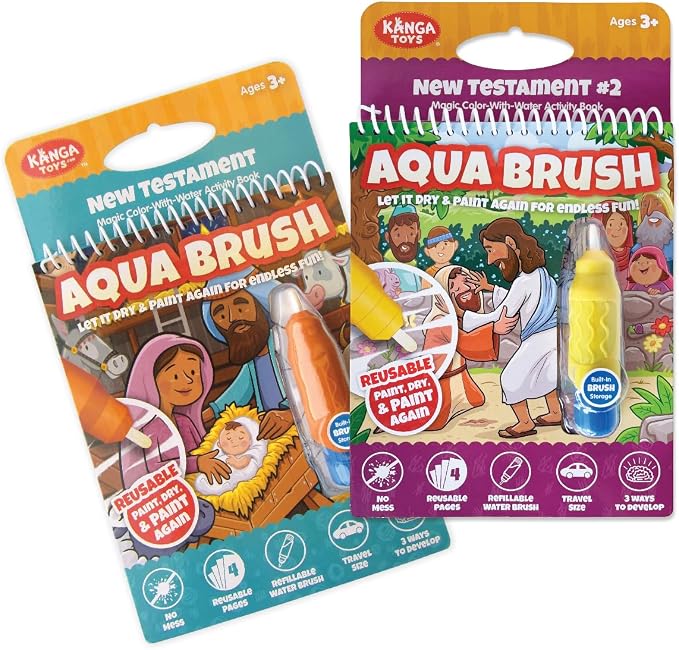 Aqua Brush 2 Pack of The New Testament Color with Water Activity Book, Bible School, Preschool, Elementary, Primary, Christian, Religion, for Kids Ages 3+