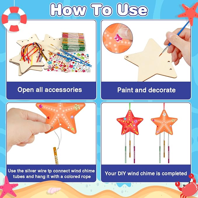 Fennoral 9 Pack Star Wind Chime Kit for Kids Make Your Own Starfish Craft | Wind Chimes for Girls Boys Ornaments DIY Coloring for Summr Art Project Party Decoration Birthday Gift