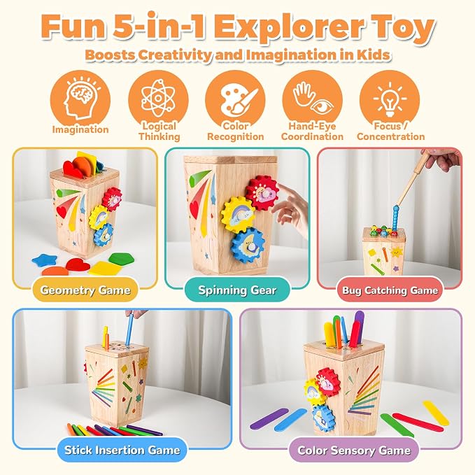 Wooden Montessori Baby Toys, 5 in 1 Fine Motor Skills Learning Toy, Educational Shape & Color Sorting Sensory Fidget Toy for Kids Ages 3-5, Birthday Gift for 6-8 Year Old Girls & Boys