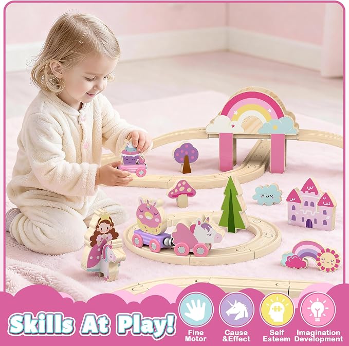 Lehoo Castle Wooden Train Set for Girls, Pink Unicorn Train Set | Princess and Castle Pieces for Imaginative Play, Compatible with Most Wooden Train Tracks, Birthday Gift for Girls
