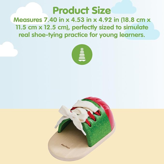 PlanToys® Wooden Life Size Tie-Up Shoe Montessori Kids Lacing Activity Toy | wooden life size tie-up shoe, montessori lacing fine motor, coordination independence practical life learning, kids education