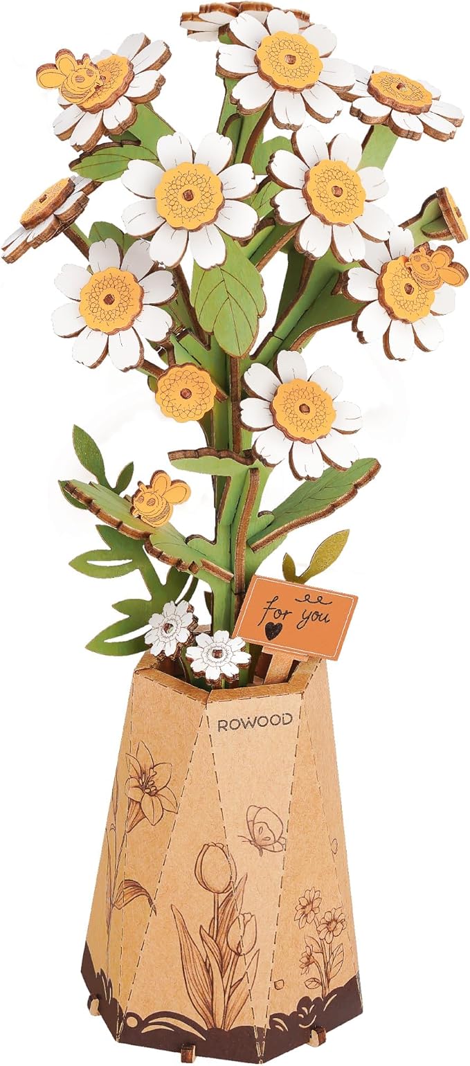 Rowood 3D Puzzles for Adults, DIY Wooden Flower Building Block Set Craft Kit,Mother's Day/Valentine's Day/Teacher's Day/Thanksgiving/Christmas/Birthday Gift for Mom/Grandma-Chamomile