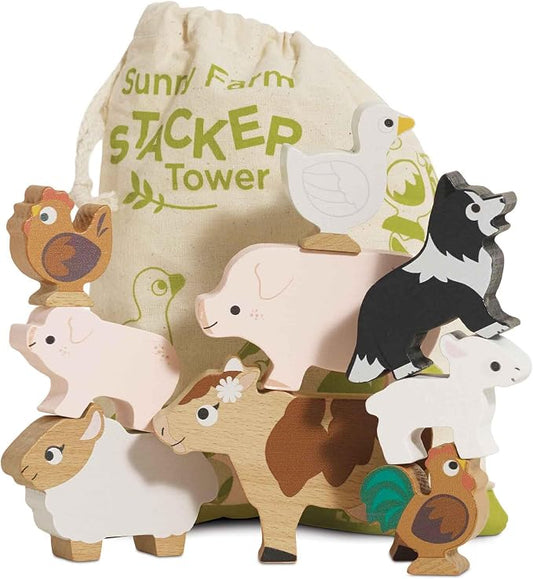 Le Toy Van Petilou Wooden Sunny Farm Stacking Animals and Bag | Farmyard Animal Building Blocks, Balancing Toy, Wooden Animal Toys for Toddlers, Suitable for 18 Months and Up