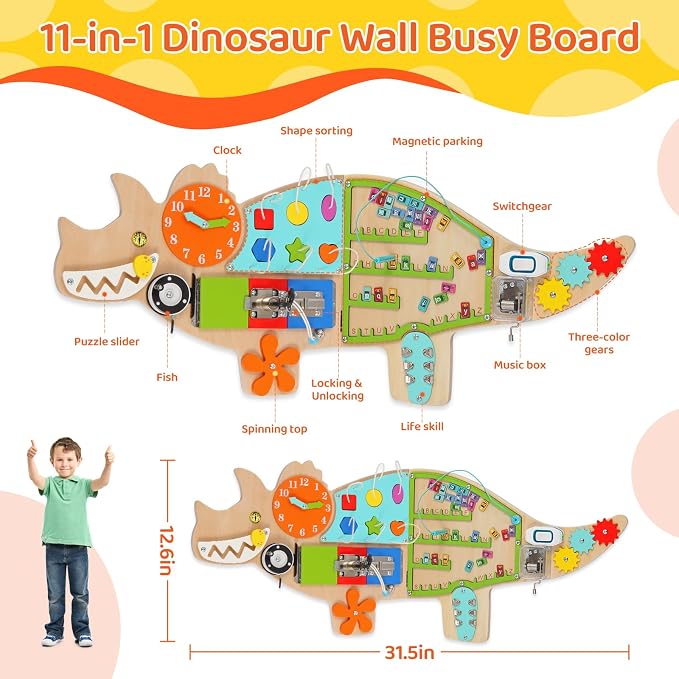 FIIOEOY Dinosaur Wall Busy Board,11-in-1 Montessori Wall Activity Board | Foldable Wooden Sensory Wall Panel for Kids, Wall-Mounted Busy Board, Perfect for Playroom, Daycare, Waiting Room & Nursery