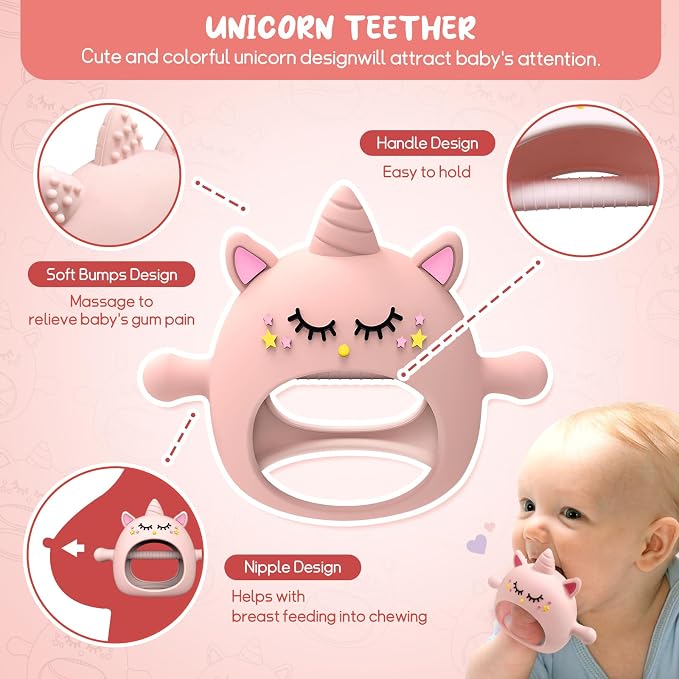 Tinabless Teething Toys for Babies 6-12 Months, Unicorn Never Drop Silicone Teether Designed for Babies 0-6 Months, Car Seat Toy for New Born, Natural Organic Baby Teether for Boys & Girls, Pink