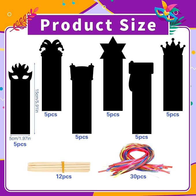 JUNEBRUSHS 30Pcs Purim Scratch Bookmarks for Students Classroom Activity | Six Purim Festival Patterns,Magical Rainbow Scratch Effect,Thick Durable Tear-Resistant Paper,Multi Festive DIY Ornaments