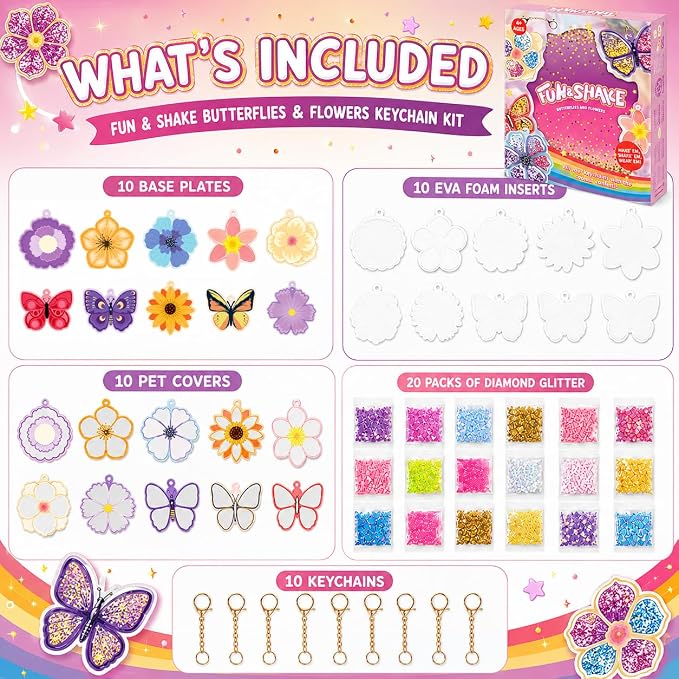 DIY Glitter Craft Kit with Keychains - Mess-Free Arts and Crafts for Kids Ages 4-8, Fun Shake-It Activity, Creative Travel Toys, Party Favors & Birthday Gifts for Girls 4-9