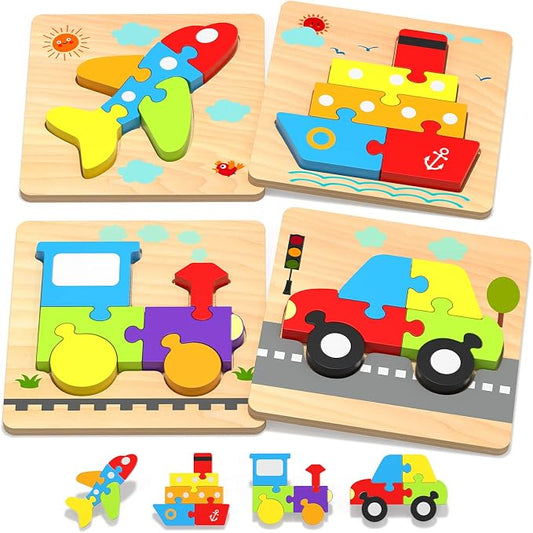 Wooden Toddler Puzzles Gifts Montessori Toys for 1 2 3 Years Old Boys Girls | 4 Vehicle Shape Puzzles, Boy Birthday Gift, Montessori Toys Educational Blocks for Toddlers 1-3, 2-4, Baby Learning Toys