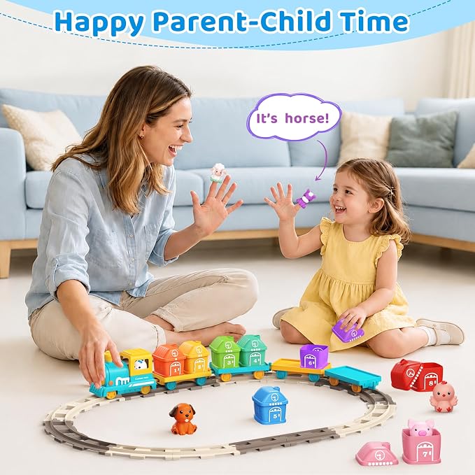 Electric Train Set for Toddler with Farm Animals, Music & Lights, Ages 2-4 | Montessori Self-Moving Electric Train Set, 37 PCS with 8 Numbered Barns and Animal Finger Puppets for Counting and Sorting