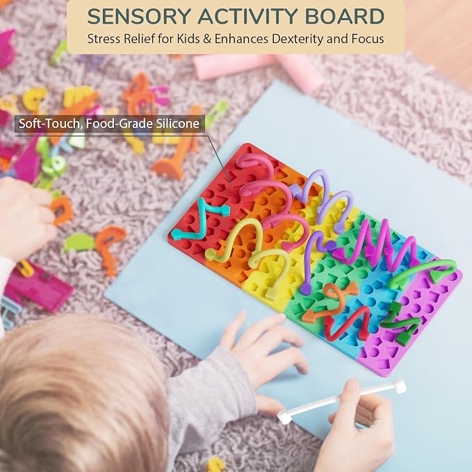Sensory Activity Board for Kids Boys Girls, Fidget Toys for Stress Anxiety Autistic ADHD, Fidgets for Classroom Travel Airplane Toys for 3+ Year Old, Portable Travel Storage Box & 14 Strings