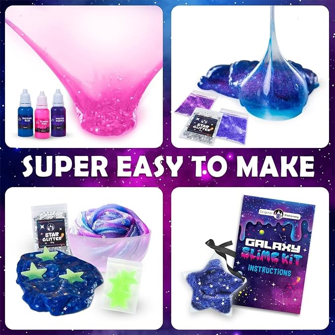 Original Stationery Mini Galaxy Slime Kit for Girls & Boys Ages 7–12, DIY Glow-in-The-Dark Slime Set with Glitter, Fun Space Craft Toy for Creative Play, Birthday Gift for Kids