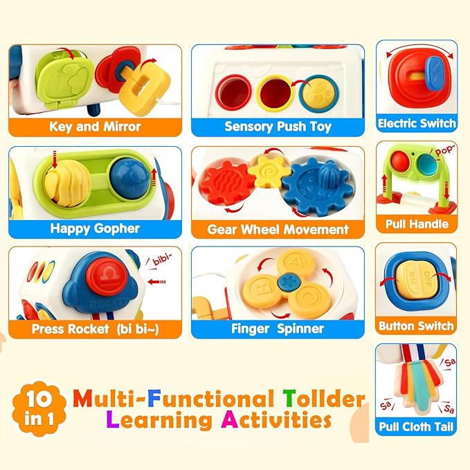Busy Cube Travel Toy for Toddlers, Fine Motor Montessori Activity Toy | Keeps little hands busy with 10 engaging activities that build confidence through everyday discovery.