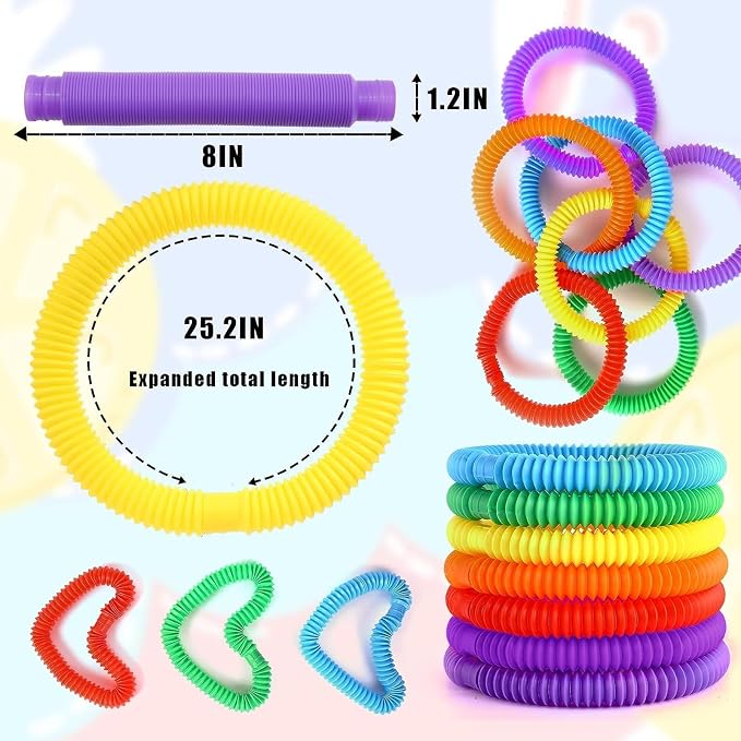 Large 8 Pcs Pop Tubes Sensory Fidget TubesToddler Toys | Party Favors with Autism Classroom Prizes Gifts Goodie Bag Stuffers Anxiety Stress Relief Toys for Kids Adults