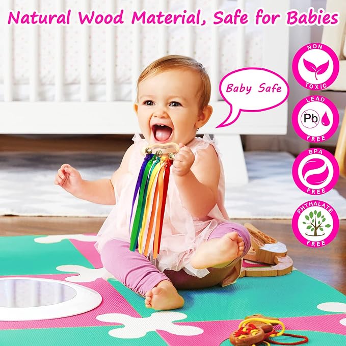 Baby Sensory Wooden Rattle Toys with Rainbow Ribbon - 2PCS | Montessori Wood Rattles Ring Bells Toy with Pull String for Baby 0-12 Months as Newborn Infant Toddler Boy Girl Shower Gifts