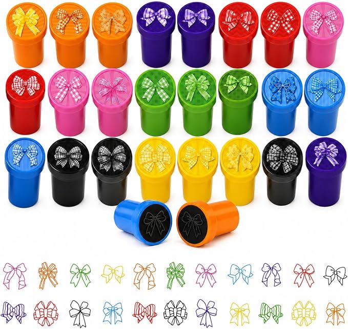 Cinrobiye 24 Pcs Bow Stampers Party Favors for Kids, Cute Pre-Inked Bow Stamps for Birthday Party, Goodie Bag Stuffers, Classroom Rewards, Carnival Prizes, Pinata Fillers, Kids Toys, Party Gifts