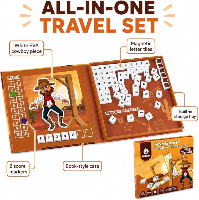 TRAVOFUN Magnetic Hangman Game | Travel Games for Kids Ages 4-8 | Reusable letters make this hangman game for kids a 2-player spelling activity for car rides, flights, and quiet time.