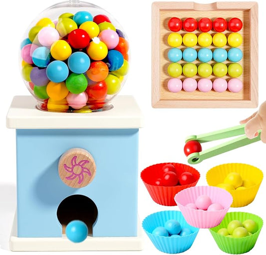 9.6" Wooden Gumball Machine For Kids Learning Color Sorting & Counting Toy | Toddler Preschool Learning Activities Toy for Kids Ages 3-5, Wood Preschool Learning Fine Motor Skills Game Toys