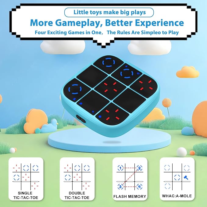 KOQQQ Rechargeable Tic-Tac-Toe Bolt Game, Upgraded 4-in-1 Handheld Puzzle Console, Electronic Educational Memory Game, Portable Travel Car Ride Board Games for Kids Adults (Blue)