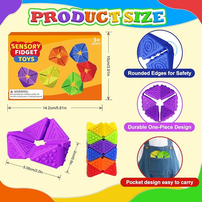 6Pack Fidget Silicone Sensory Toys for Kids Flip Cube with Textures | Quiet Small Fidgets for Classroom Focus,Stress Relief Toys for Autism ADHD Calm Down, Non-Toxic Durable Desk Fidgets Home