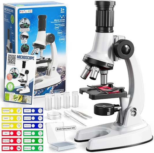 65Pcs Microscope Kit Toys 100X-1200X Magnification for Kids 3-13 | Microscope with 100X-1200X magnification, 7 colors light and 12 prepared slides, Christmas gift for kids science experiments