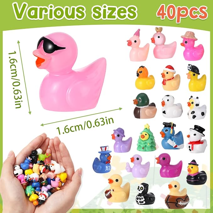 40 Pack Multicolor Mini Resin Ducks, Novelty Holiday Ducks | Tiny Ducks to Hide, Little Ducks Party Favor for Birthday, Graduation, Independence Day, Halloween, Christmas (40 Styles)