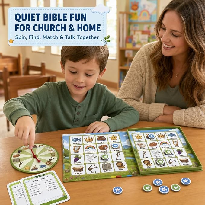 Travofun Magnetic Bible Story Spin & Seek Bingo Game for Kids Ages 3-8 | Portable Christian Learning Toy with Spinner & Question Cards | Interactive Travel Game for Road Trip