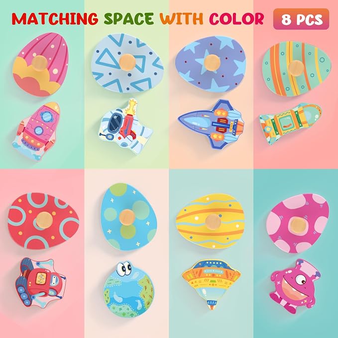 Zeoddler Wooden Puzzles for Toddlers, 8 Pcs Space Matching Egg Puzzle, Solar System for Kids, Montessori Toys for Boy Girl Easter Birthday Gifts, Educational Toys for Boys, Girls