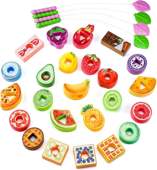 28 Pcs Caterpillar Lacing Toy for Toddlers Fruit Food Threading | Learning Lacing Beads, Montessori Educational Stringing Threading Beads, Fine Motor Skills Gift for Boys Girls 3+