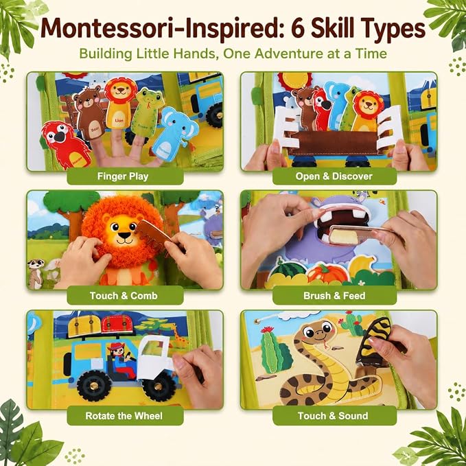 Gigilli Busy Book for Toddlers 1-3, 20 Activities Montessori Toy Busy Board | 6 Finger Puppets, Wild-Animal Educational Learning Quiet Activity, Travel Toys Birthday Gifts for Boys Girls
