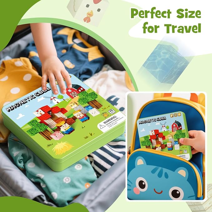 Mini Magnetic Blocks for Travel Toys: 49 Pcs Farm Animals Iron Storage Box | Portable Play Base Magnets Building Cubes Car Rides Activity & Plane Trips Essentials STEM Learning for Kids Toddler Ages 3-8